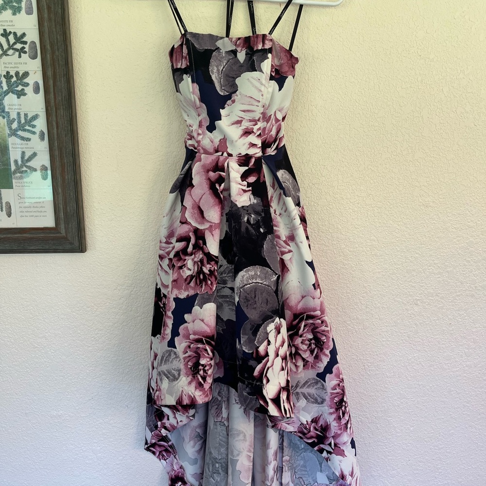 Floral High-Low Dress with Spaghetti Straps